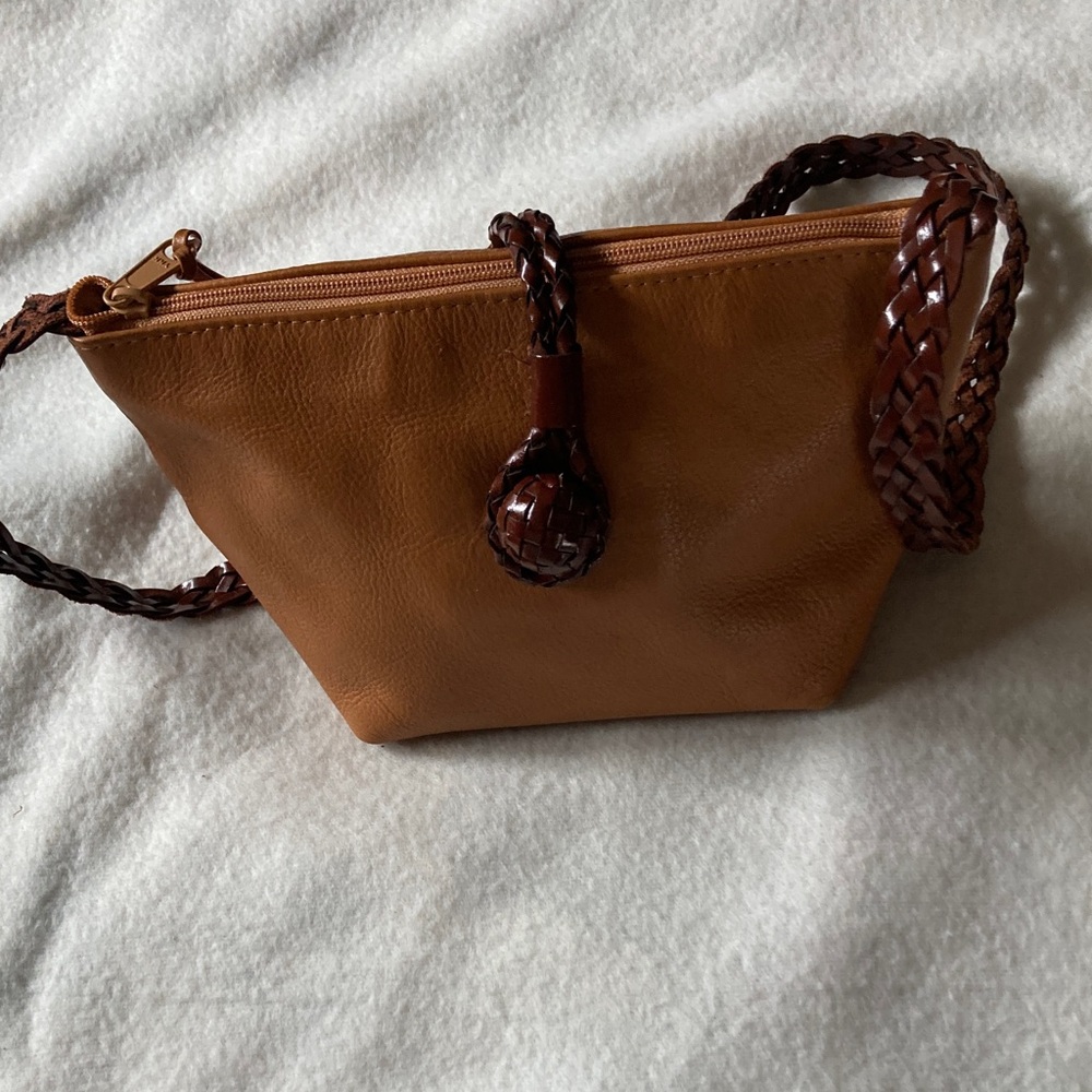 Brown leather purse with dark brown accents Braided Strap